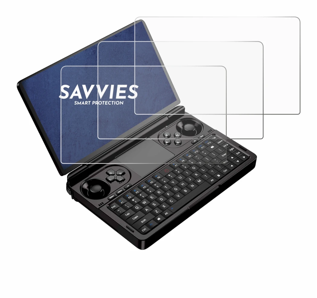 Image of the device GPD Win Mini (2025) with a wide variety of screen protectors.