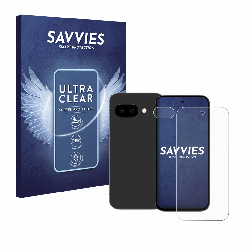 Front side of a product packaging with the brand logo Savvies. Next to it is the device Google Pixel 9a (Front+Camera) shown w