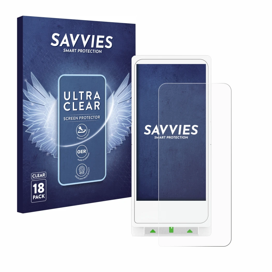 Front side of a product packaging with the brand logo Savvies. Next to it is the device Clover Flex shown with the correspondi