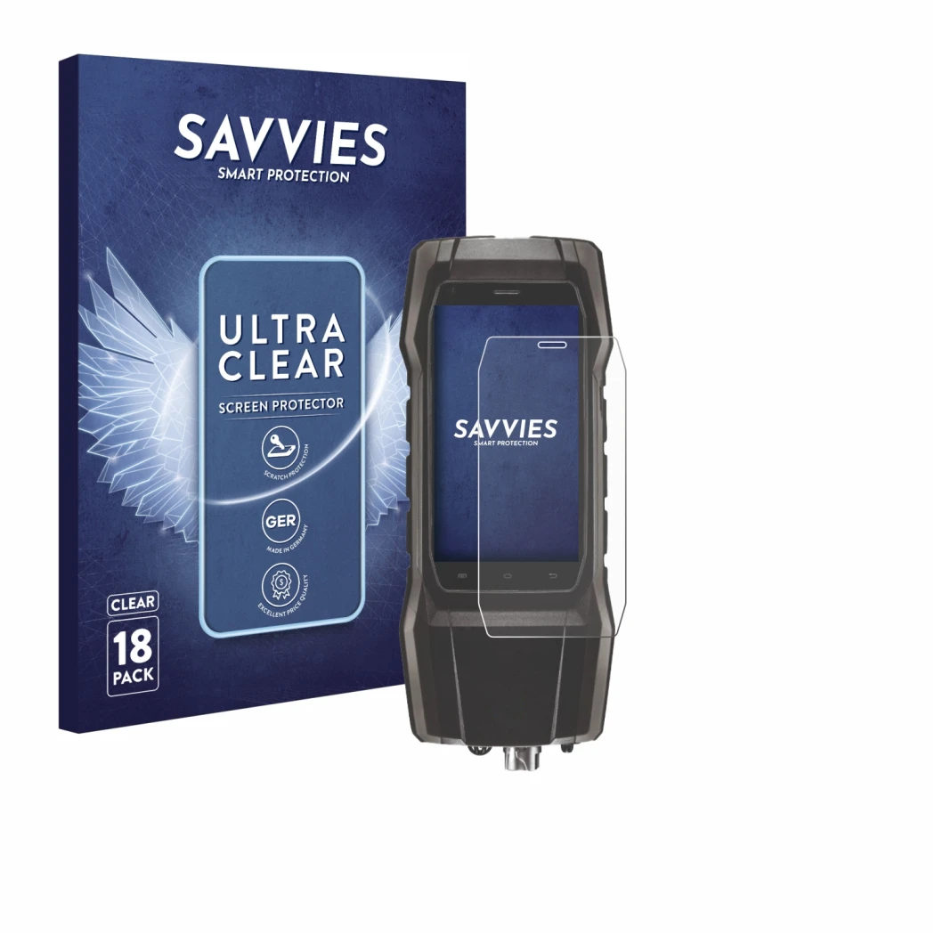 Front side of a product packaging with the brand logo Savvies. Next to it is the device Testo 300 shown with the corresponding