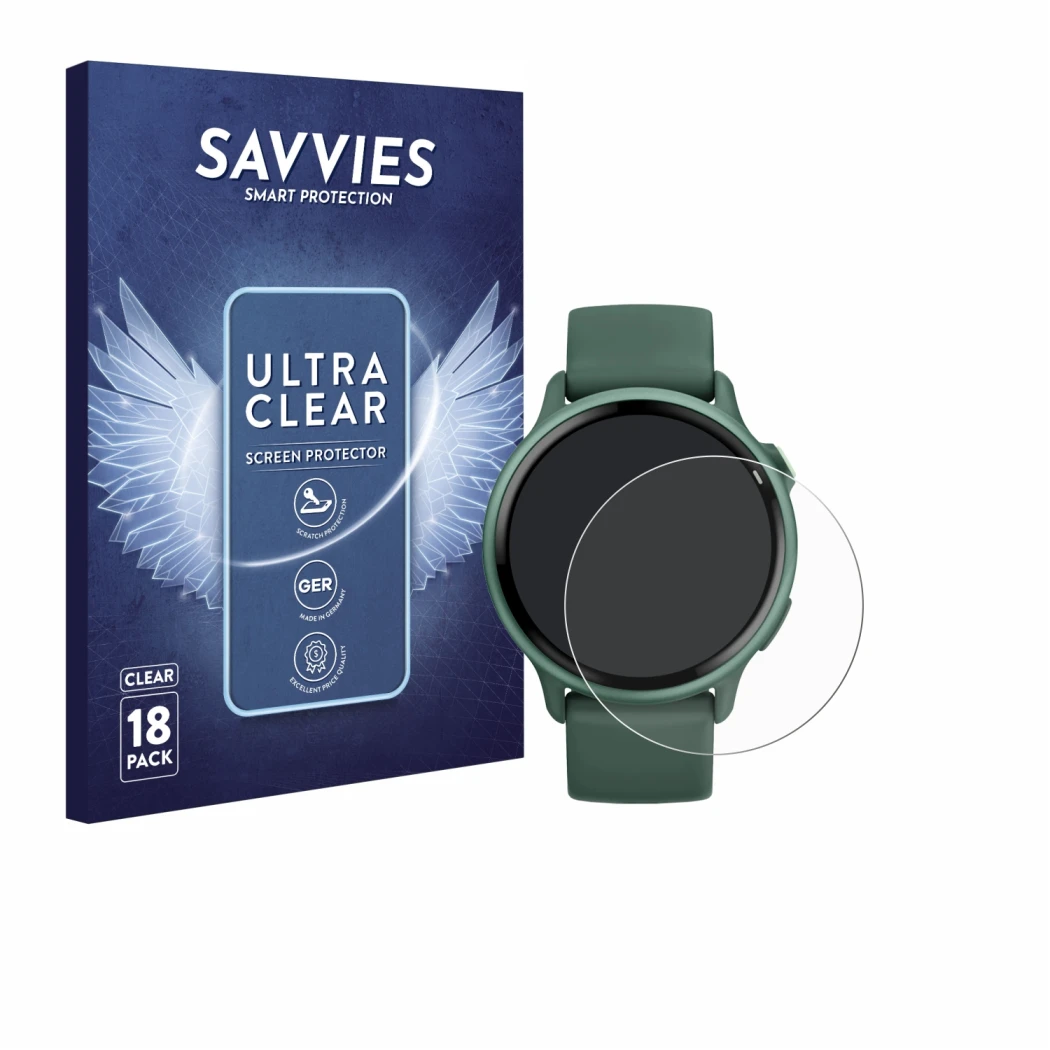 Front side of a product packaging with the brand logo Savvies. Next to it is the device Garmin vivoactive 6 shown with the cor