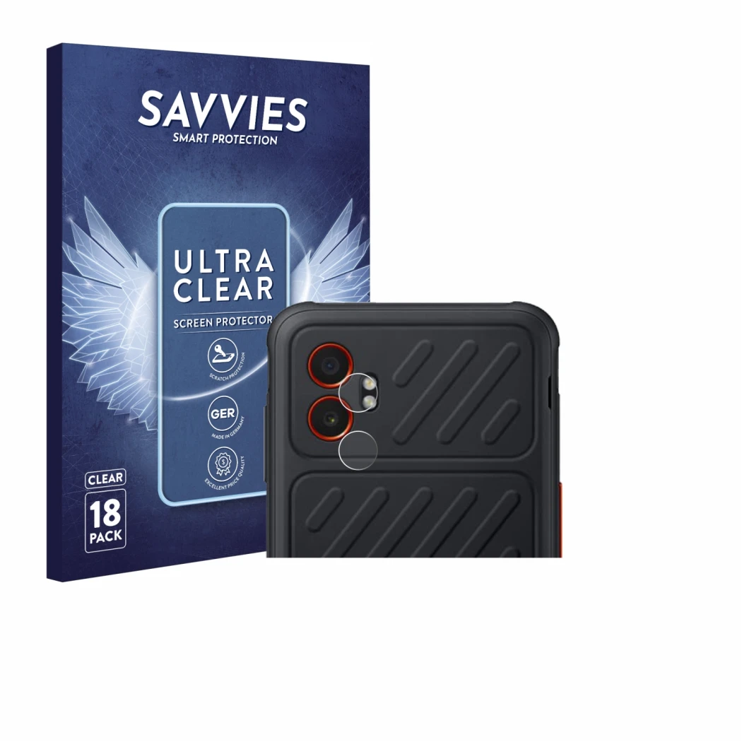Front side of a product packaging with the brand logo Savvies. Next to it is the device Samsung Galaxy XCover 7 Pro (ONLY Came