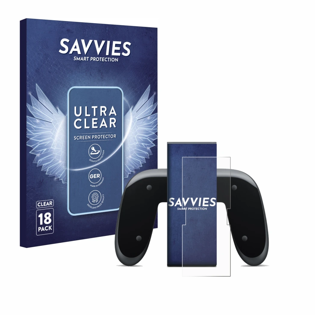 Front side of a product packaging with the brand logo Savvies. Next to it is the device Nintendo Switch 2 Joy-Con 2-Holder sho