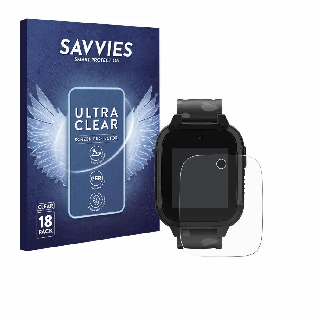 Front side of a product packaging with the brand logo Savvies. Next to it is the device Xplora XGO3 (2nd Gen.) shown with the 