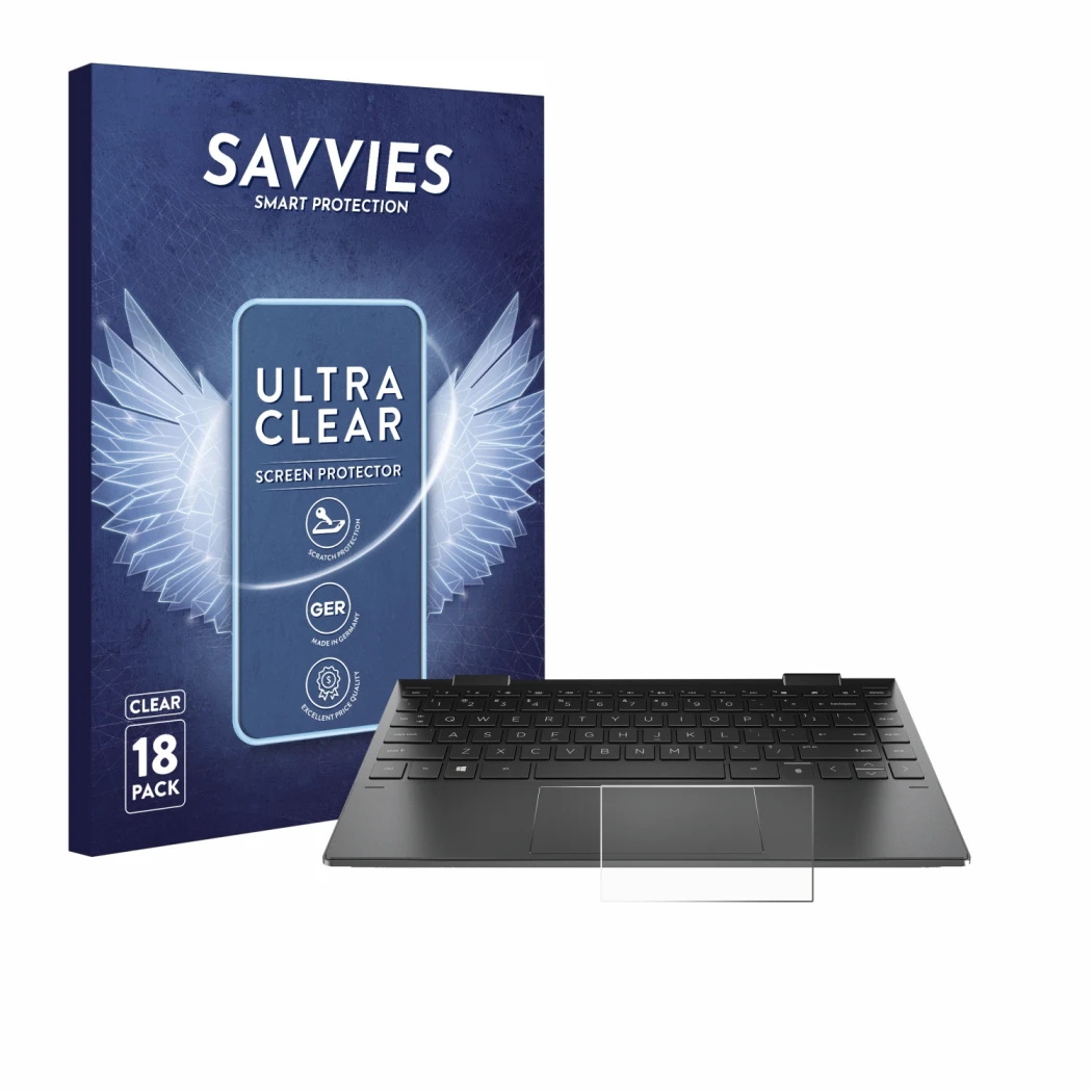 Front side of a product packaging with the brand logo Savvies. Next to it is the device HP Envy x360 (13-X) (ONLY Touch Trackp