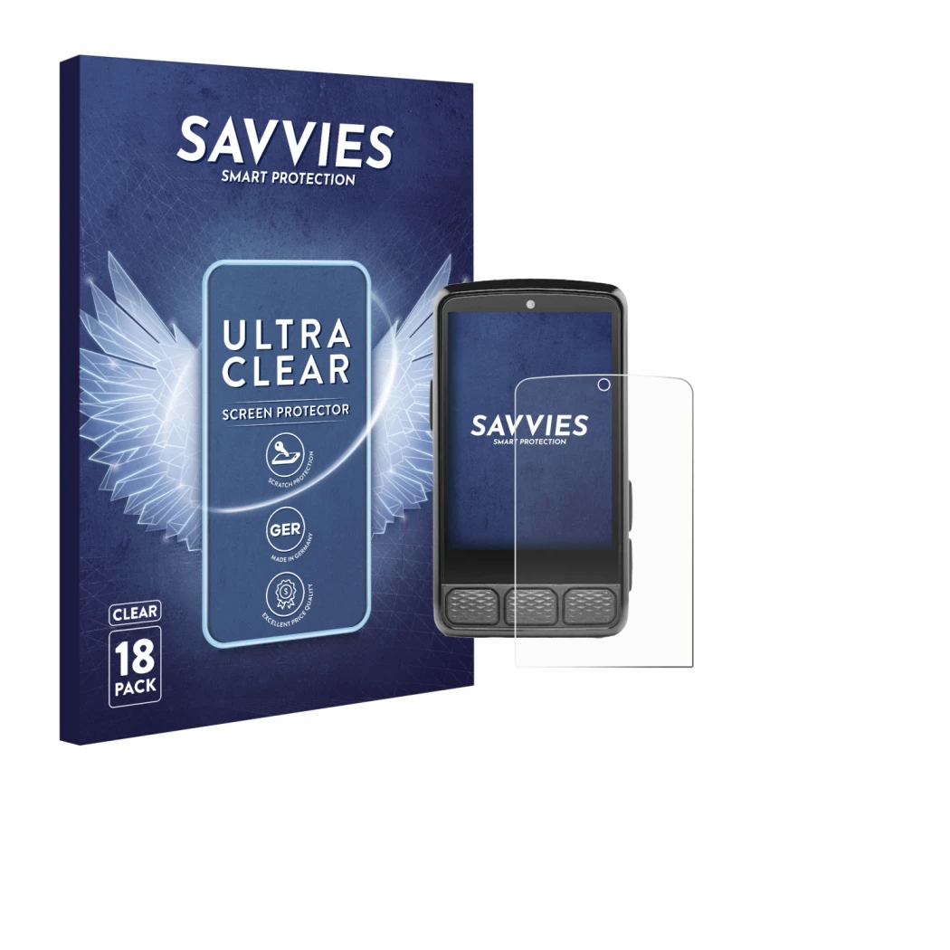 Front side of a product packaging with the brand logo Savvies. Next to it is the device Wahoo Elemnt Roam V3 shown with the co