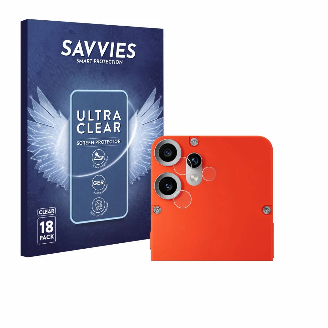Front side of a product packaging with the brand logo Savvies. Next to it is the device Nothing CMF Phone 2 Pro (ONLY Camera L