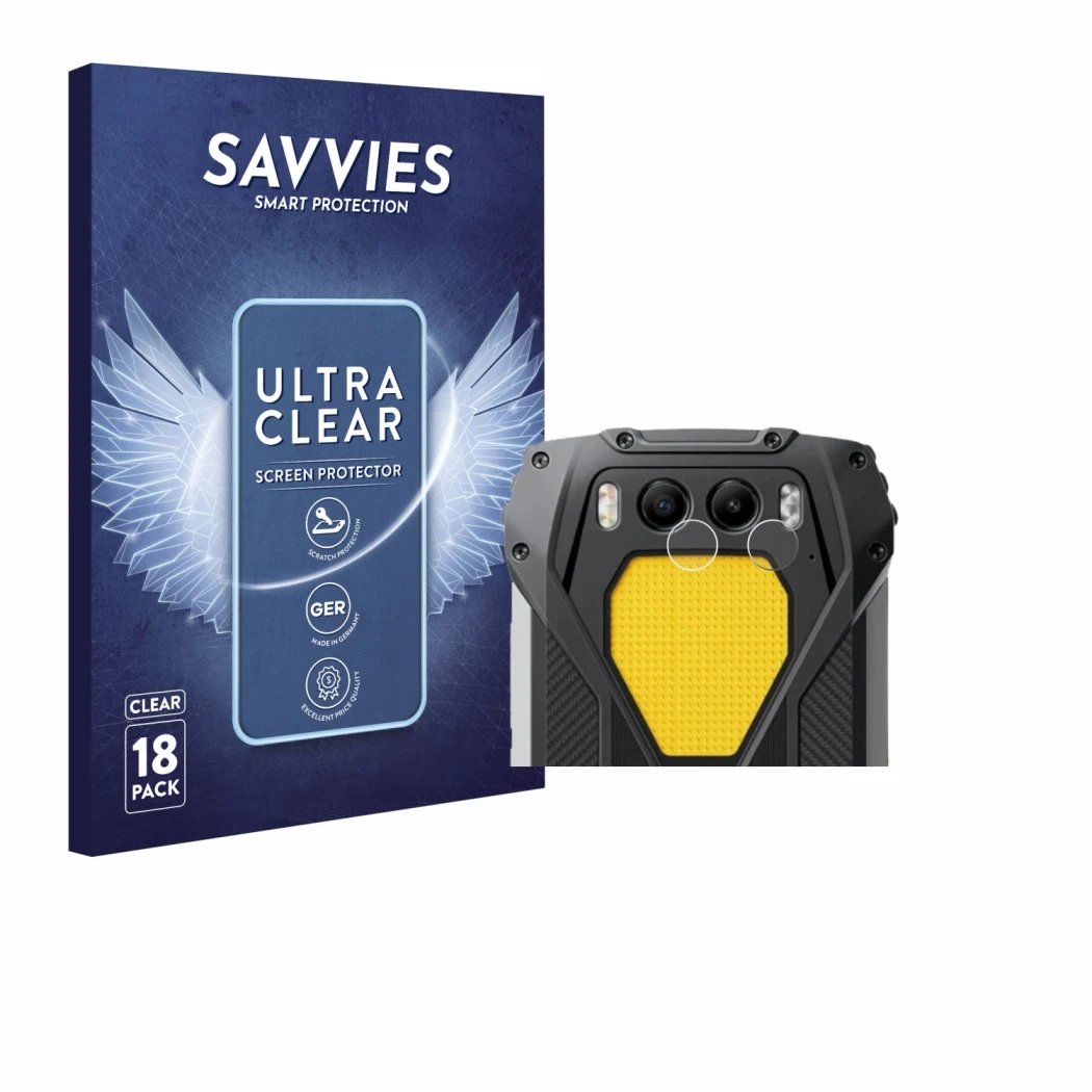 Front side of a product packaging with the brand logo Savvies. Next to it is the device Blackview BV7300 (ONLY Camera Lens) sh