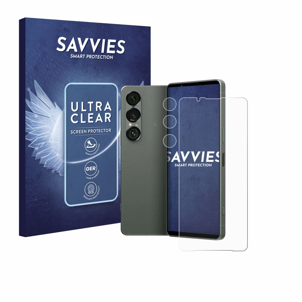Front side of a product packaging with the brand logo Savvies. Next to it is the device Sony Xperia 1 VII (Front+Camera) shown