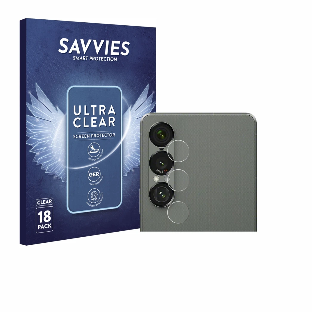 Front side of a product packaging with the brand logo Savvies. Next to it is the device Sony Xperia 1 VII (ONLY Camera Lens) s