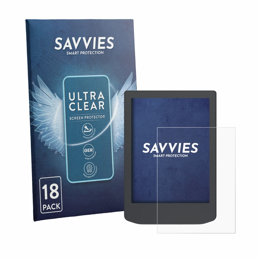 Front side of a product packaging with the brand logo Savvies. Next to it is the device PocketBook Verse Lite shown with the c