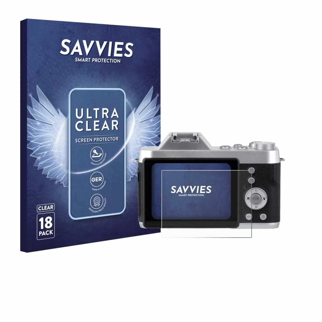 Front side of a product packaging with the brand logo Savvies. Next to it is the device Rollei Powerflex 10x Retro shown with 