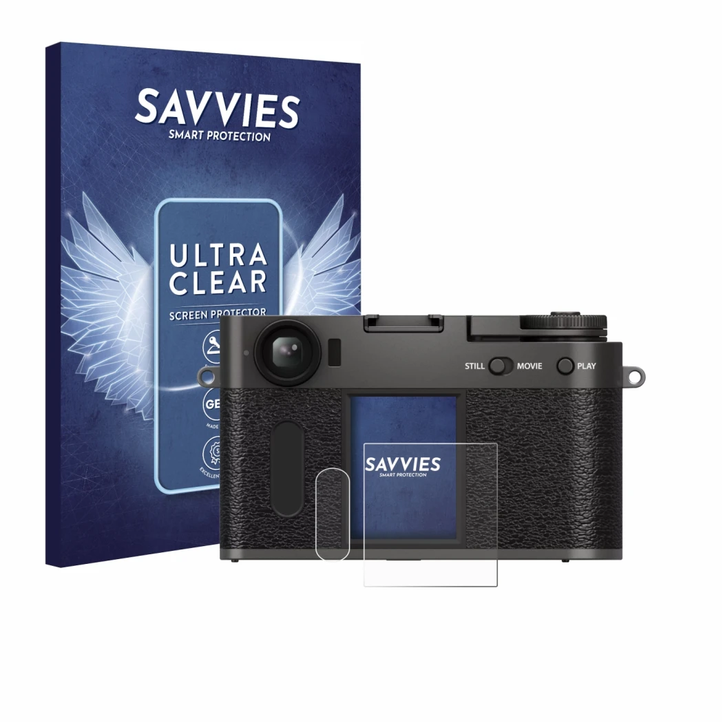 Front side of a product packaging with the brand logo Savvies. Next to it is the device Fujifilm X Half X-HF1 shown with the c
