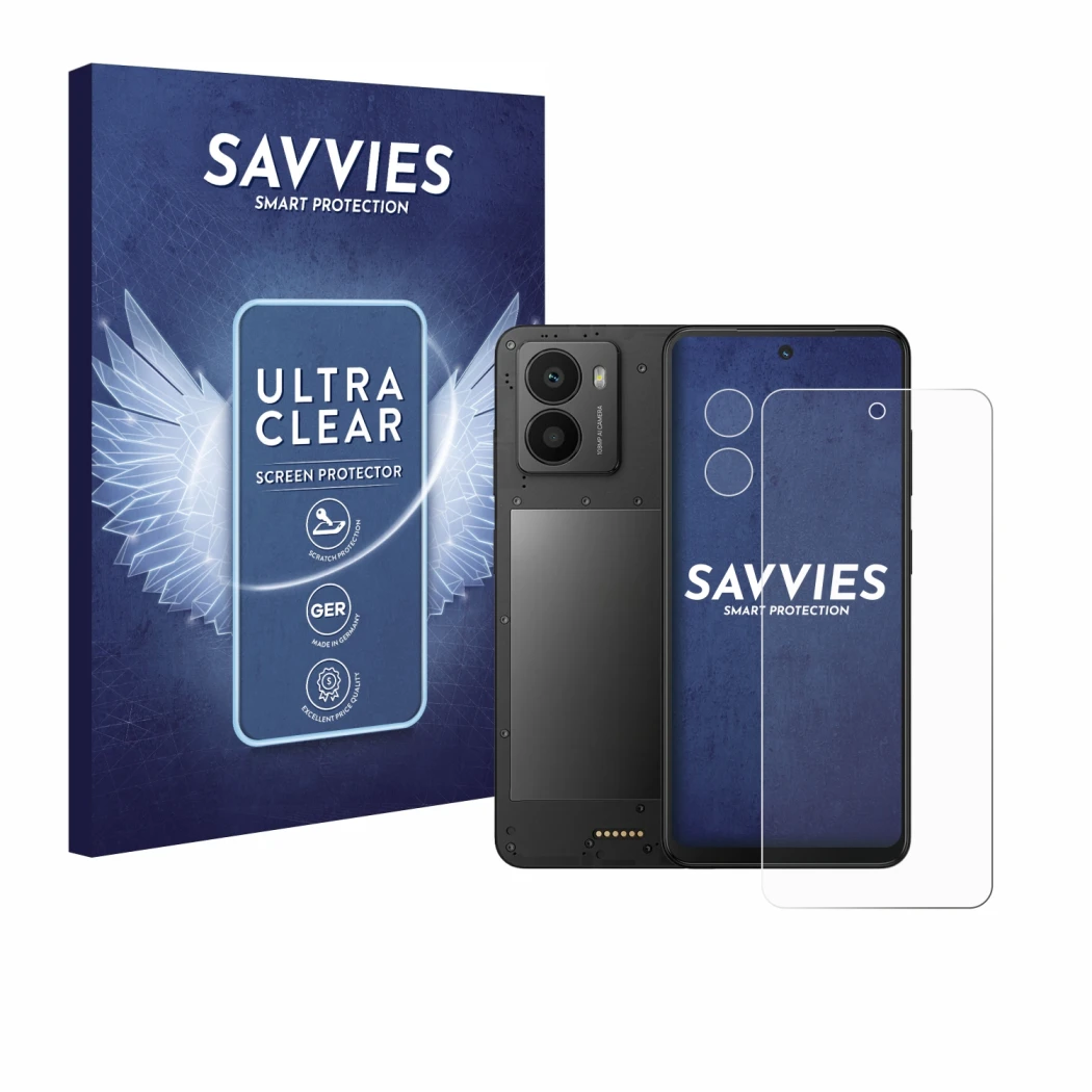 Front side of a product packaging with the brand logo Savvies. Next to it is the device Xplora HMD Fusion X1 (Front+Camera) sh