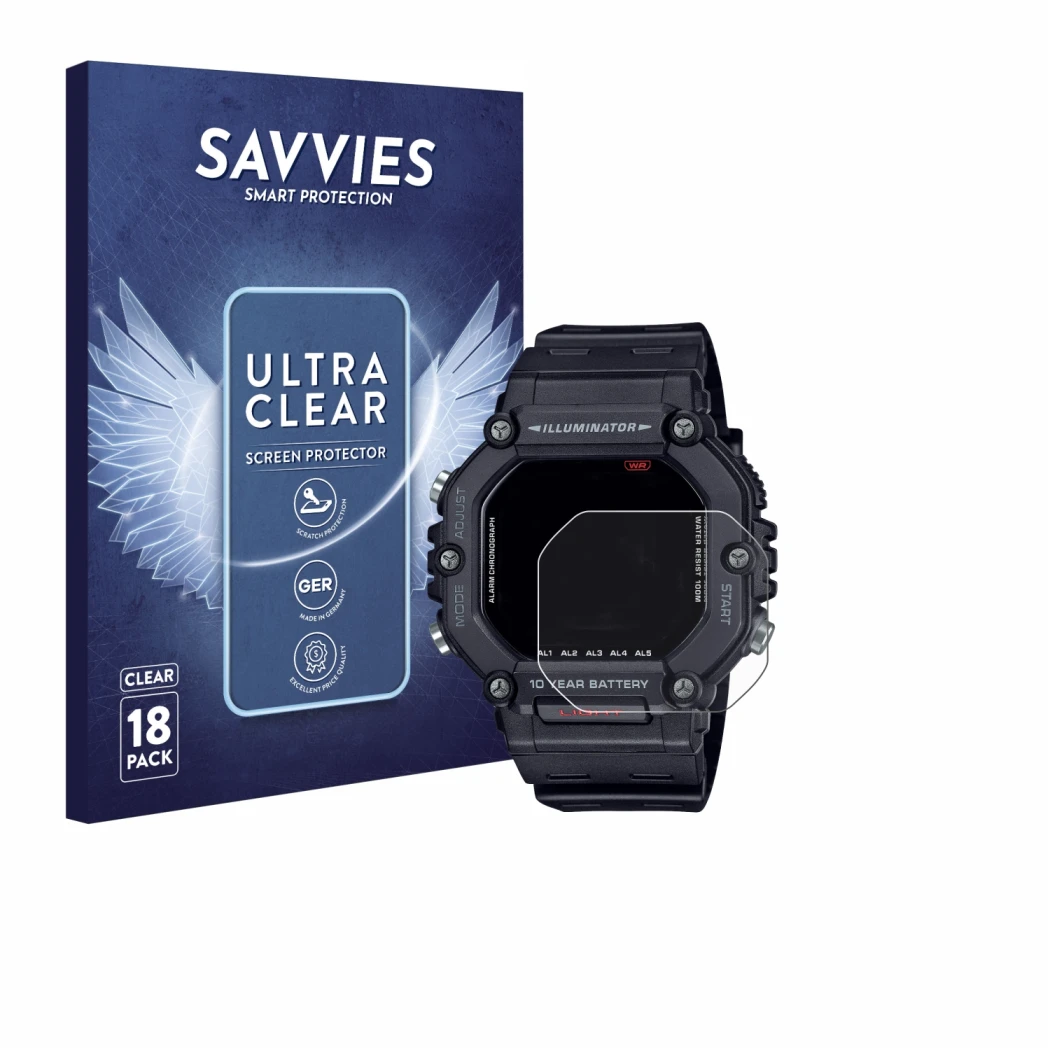 Front side of a product packaging with the brand logo Savvies. Next to it is the device Casio AE-1600H shown with the correspo