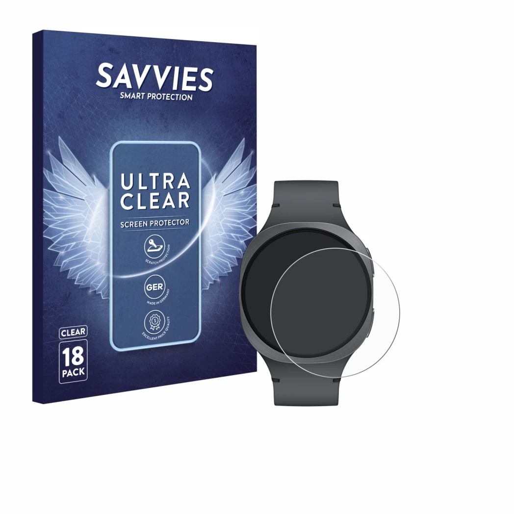 Front side of a product packaging with the brand logo Savvies. Next to it is the device Samsung Galaxy Watch 8 (40 mm) shown w