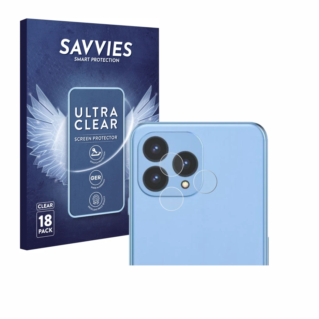 Front side of a product packaging with the brand logo Savvies. Next to it is the device Cubot P80 (ONLY Camera) shown with the
