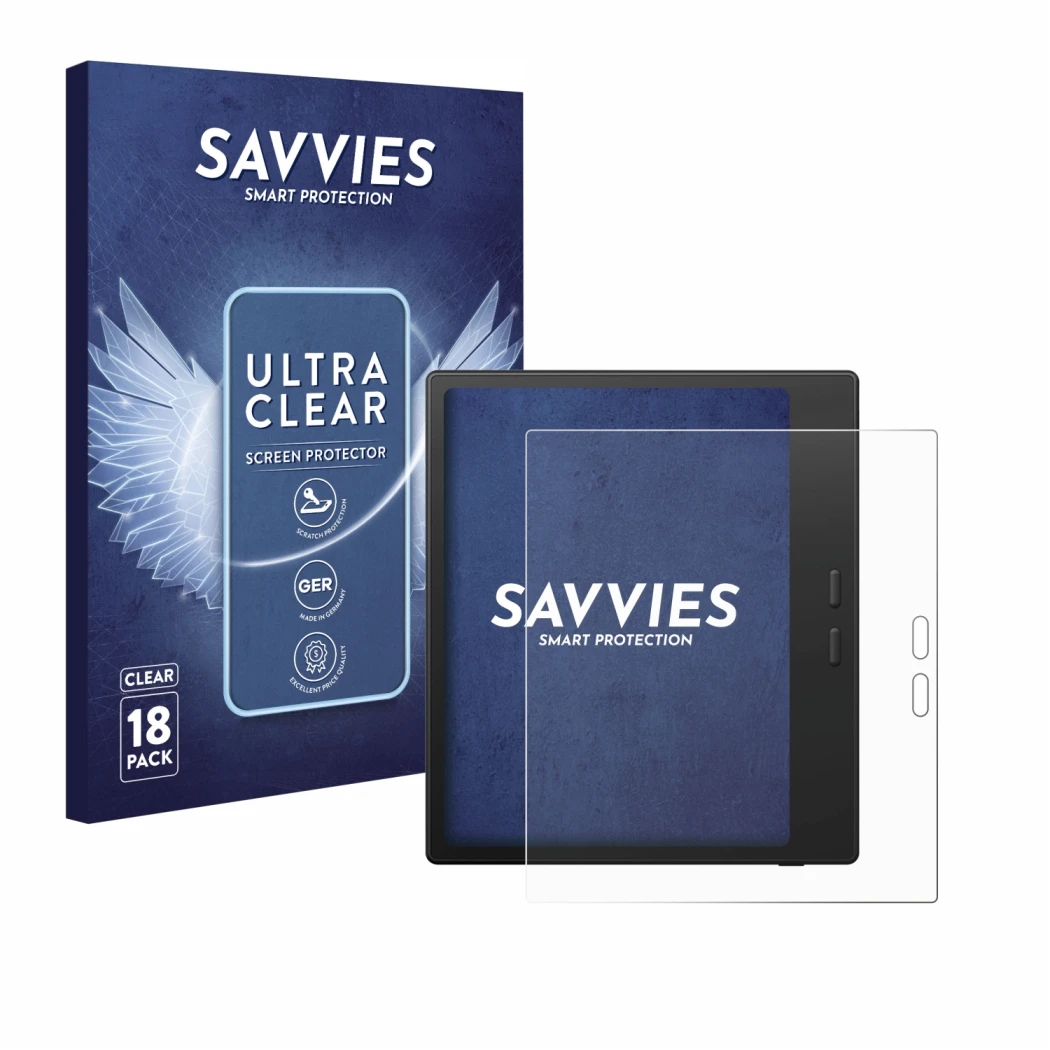 Front side of a product packaging with the brand logo Savvies. Next to it is the device Boox Go Color 7 Gen II shown with the 