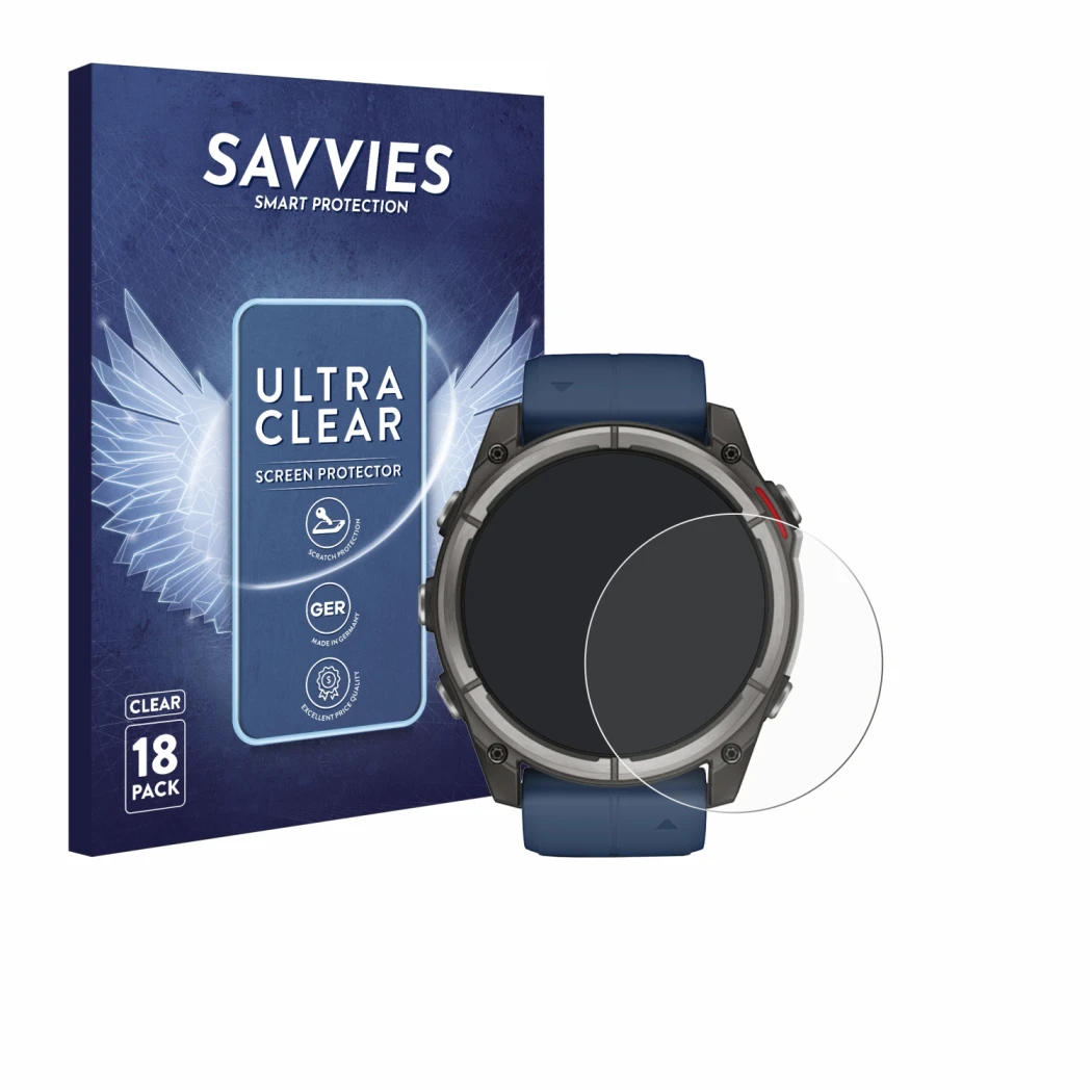 Front side of a product packaging with the brand logo Savvies. Next to it is the device Garmin quatix 8 (51 mm) shown with the