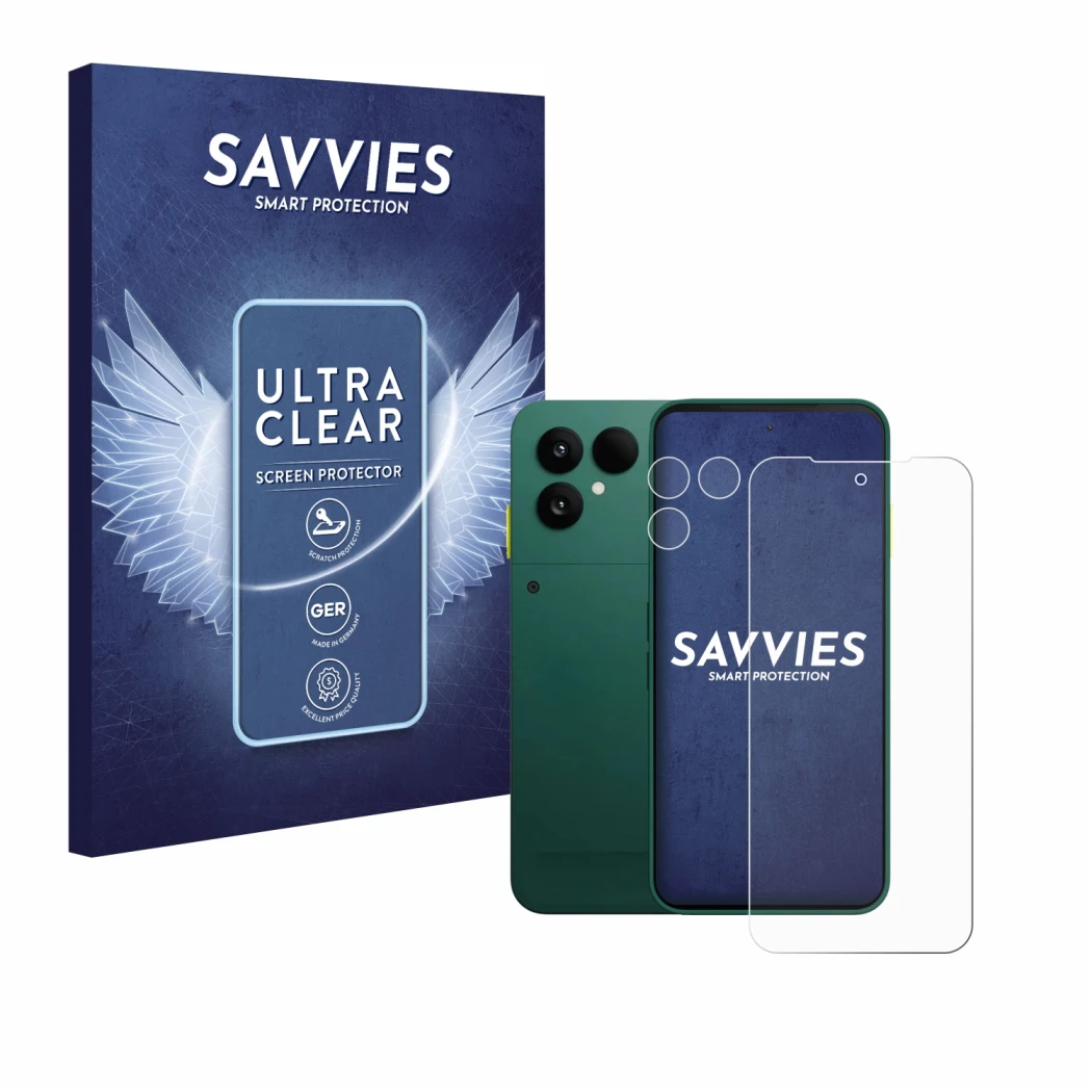 Front side of a product packaging with the brand logo Savvies. Next to it is the device Fairphone 6 (Front+Camera) shown with 
