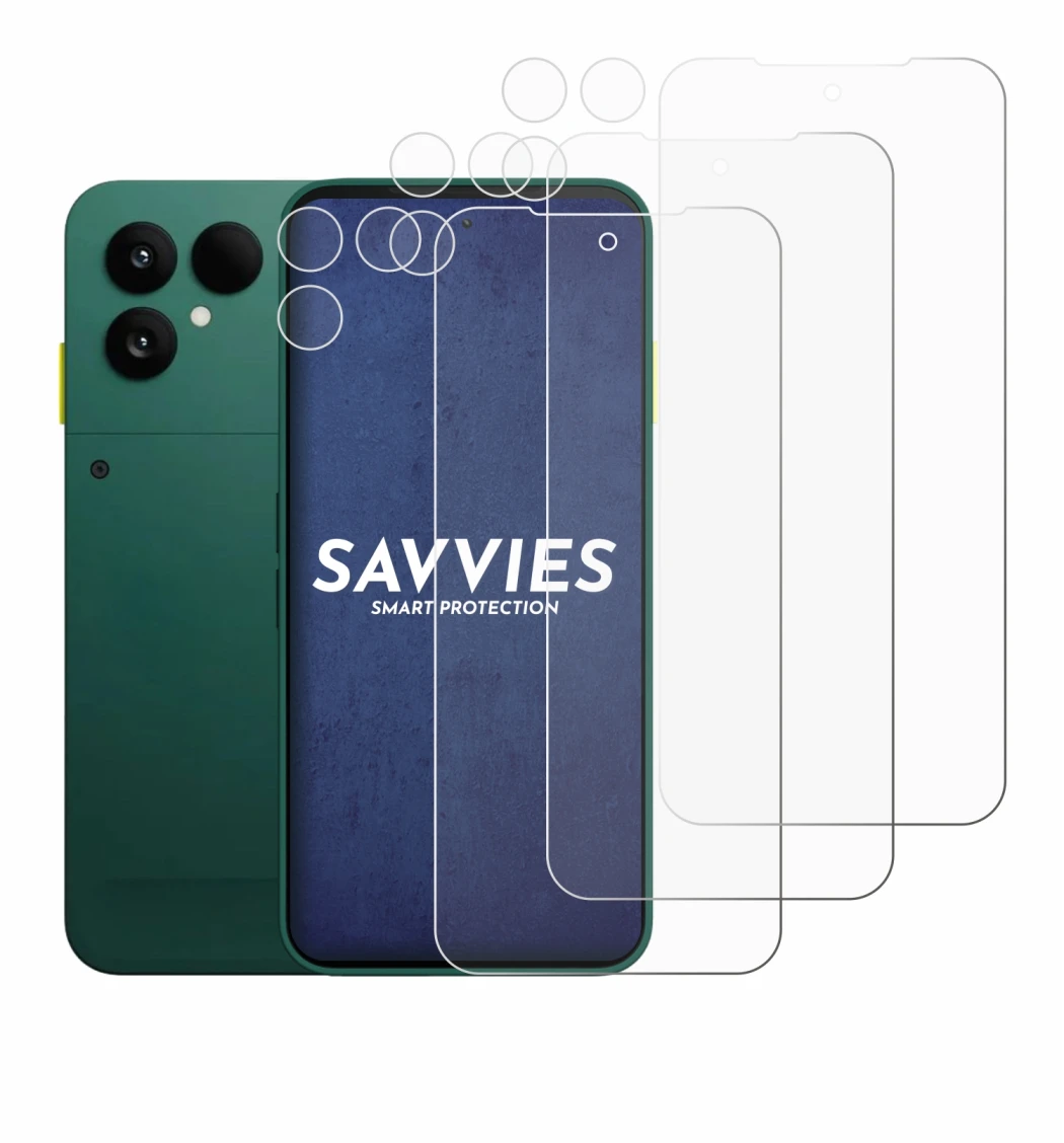 Image of the device Fairphone 6 (Front+Camera) with a wide variety of screen protectors.