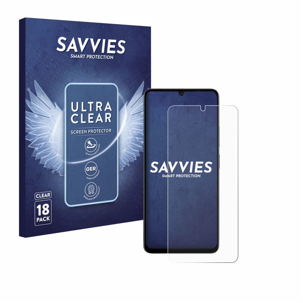 Front side of a product packaging with the brand logo Savvies. Next to it is the device Doogee Note 59 Pro Plus shown with the