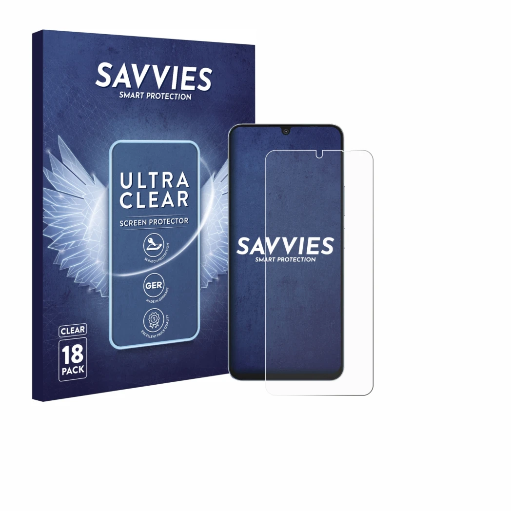 Front side of a product packaging with the brand logo Savvies. Next to it is the device Blackview Shark 6 5G shown with the co