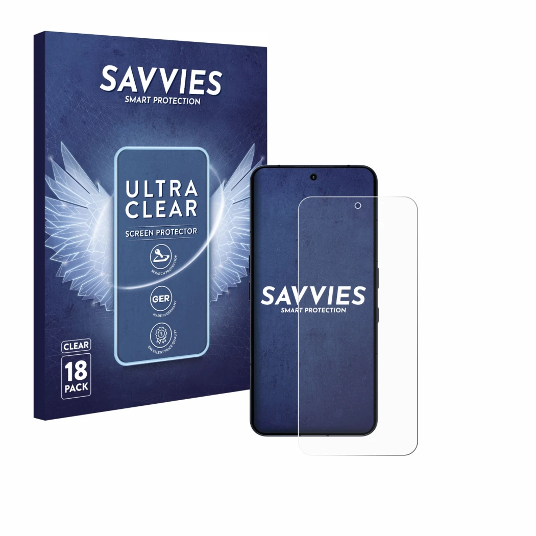Front side of a product packaging with the brand logo Savvies. Next to it is the device Nothing Phone (3) shown with the corre