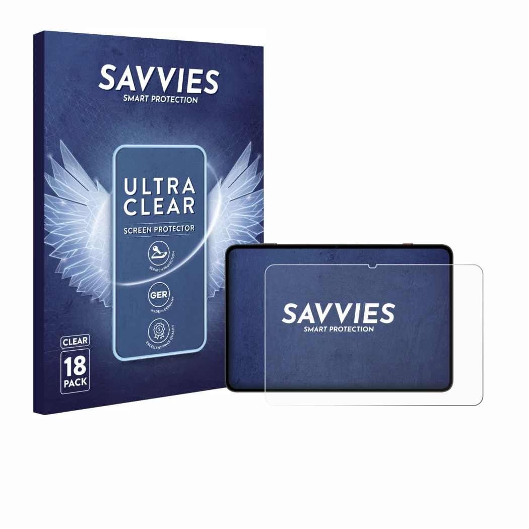Front side of a product packaging with the brand logo Savvies. Next to it is the device Redmagic Astra NP05J shown with the co