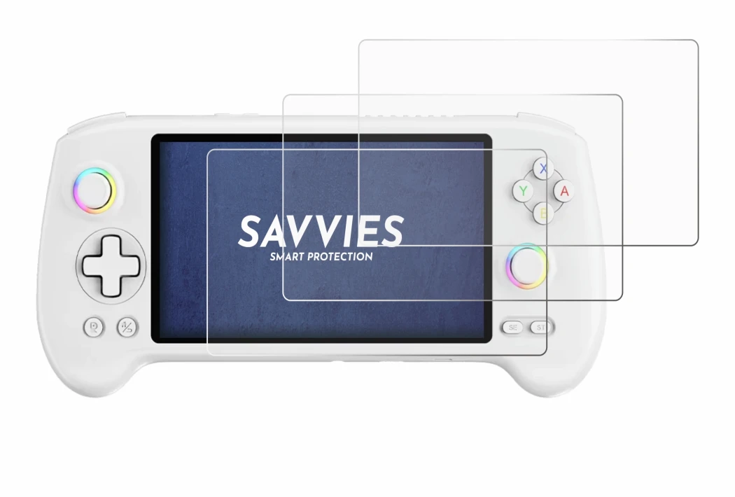 Image of the device Anbernic RG557 with a wide variety of screen protectors.