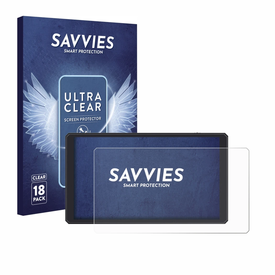 Front side of a product packaging with the brand logo Savvies. Next to it is the device Feelworld CUT6 6