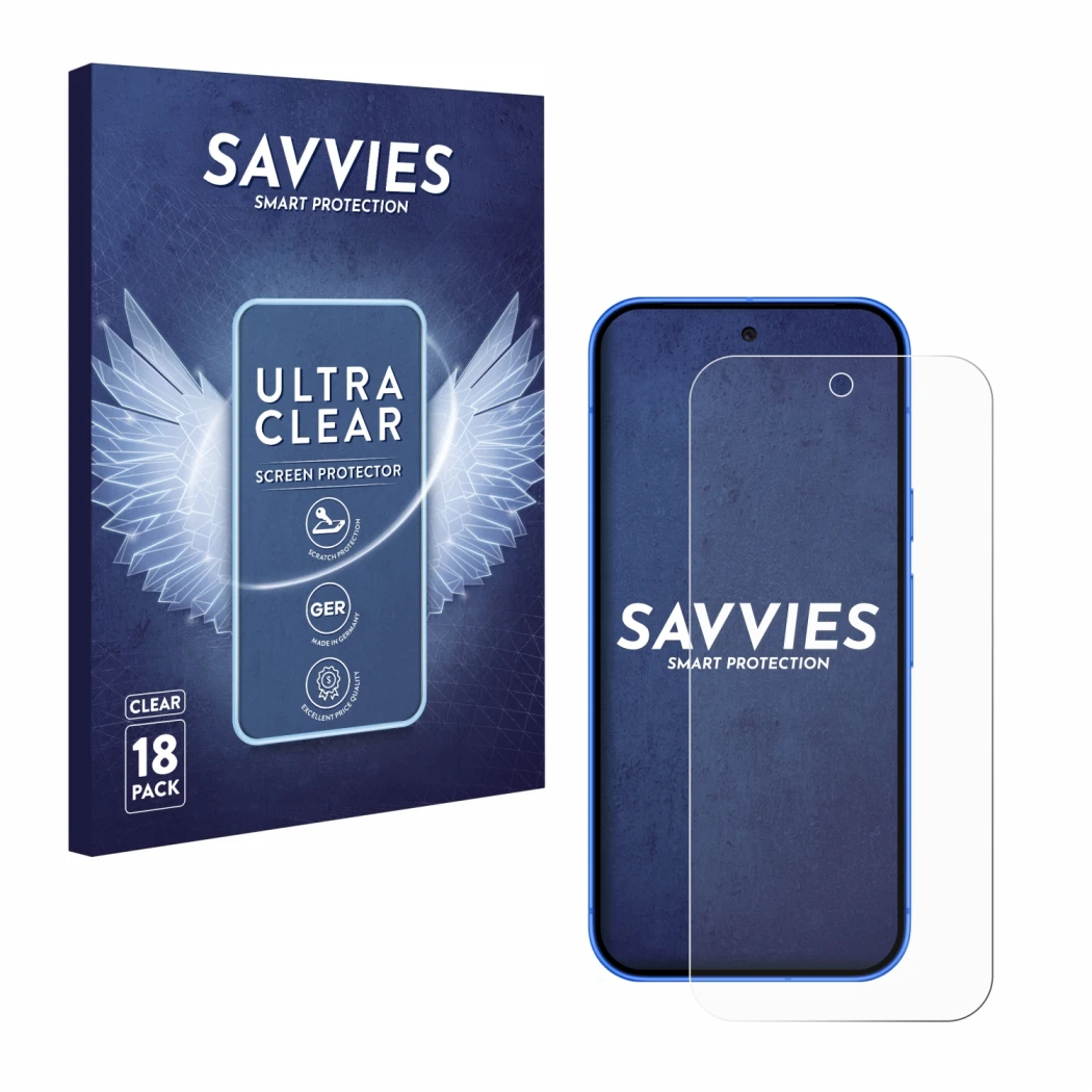 Front side of a product packaging with the brand logo Savvies. Next to it is the device Google Pixel 10 shown with the corresp