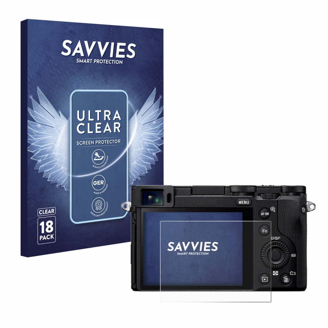 Front side of a product packaging with the brand logo Savvies. Next to it is the device Sony RX1R III shown with the correspon
