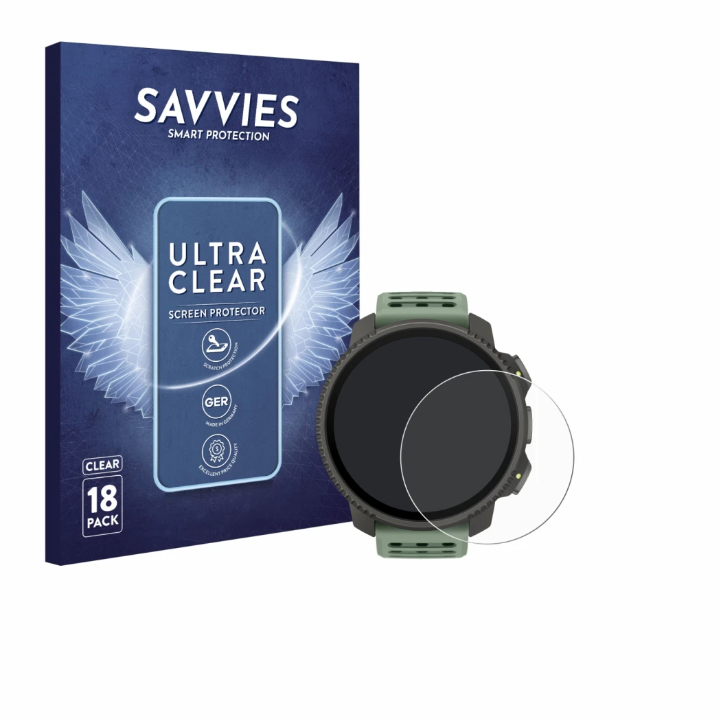 Front side of a product packaging with the brand logo Savvies. Next to it is the device Suunto Vertical 2 shown with the corre