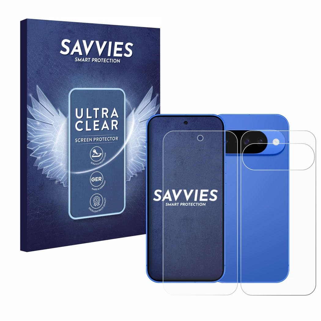 Front side of a product packaging with the brand logo Savvies. Next to it is the device Google Pixel 10 (Front+Back) shown wit