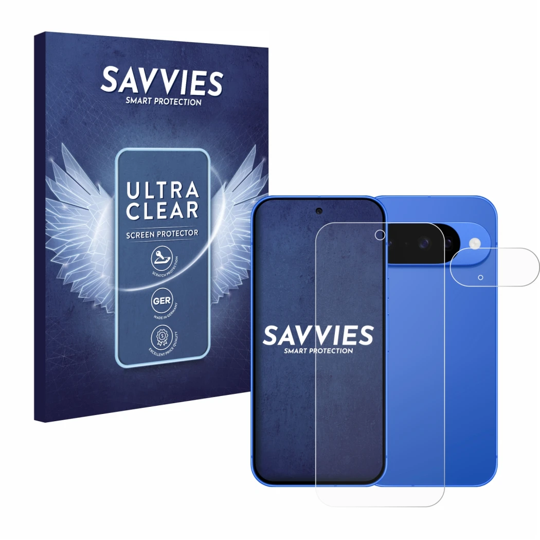 Front side of a product packaging with the brand logo Savvies. Next to it is the device Google Pixel 10 (Front+Camera) shown w