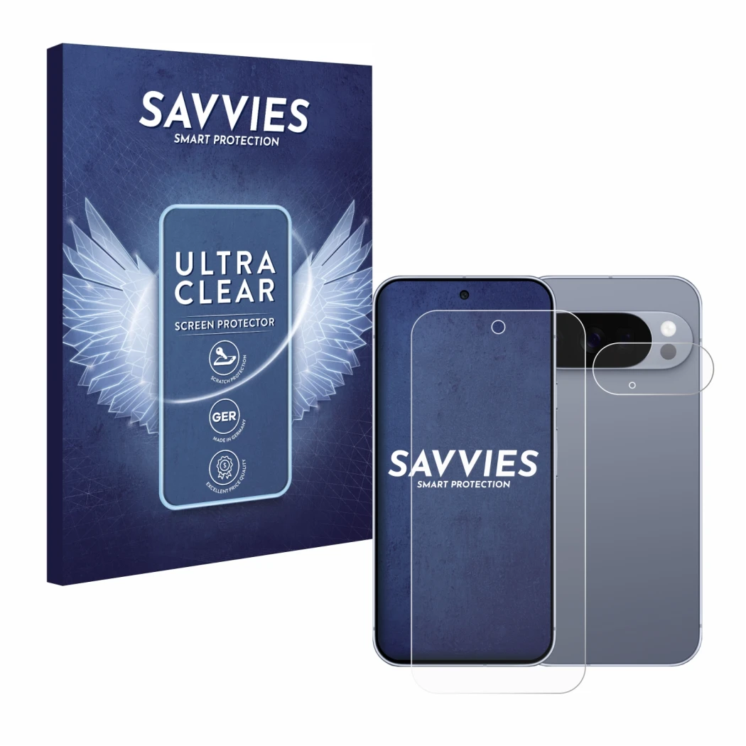 Front side of a product packaging with the brand logo Savvies. Next to it is the device Google Pixel 10 Pro (Front+Camera) sho