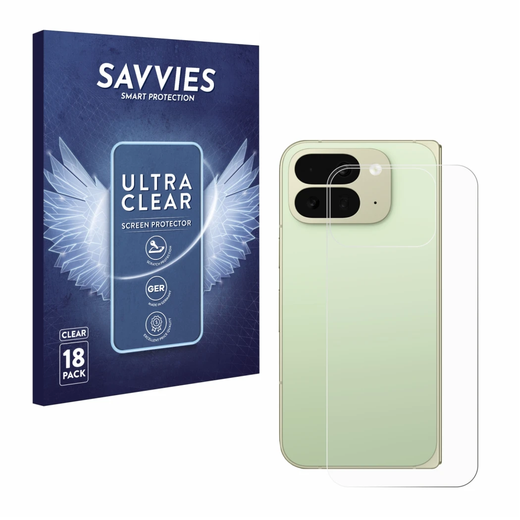 Front side of a product packaging with the brand logo Savvies. Next to it is the device Google Pixel 10 Pro Fold (Back) shown 