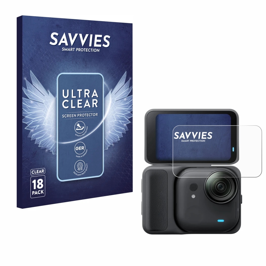 Front side of a product packaging with the brand logo Savvies. Next to it is the device Insta360 Go Ultra shown with the corre