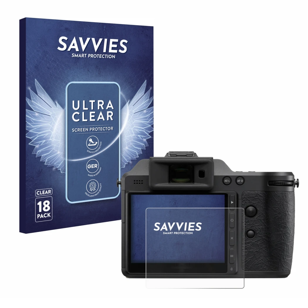 Front side of a product packaging with the brand logo Savvies. Next to it is the device Hasselblad X2D II 100C shown with the 
