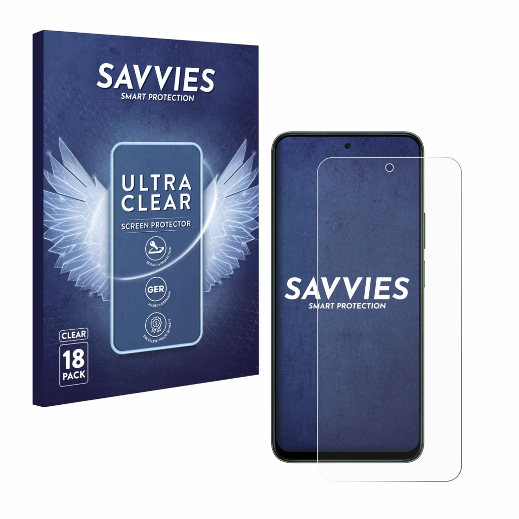 Front side of a product packaging with the brand logo Savvies. Next to it is the device Honor X7d 5G shown with the correspond
