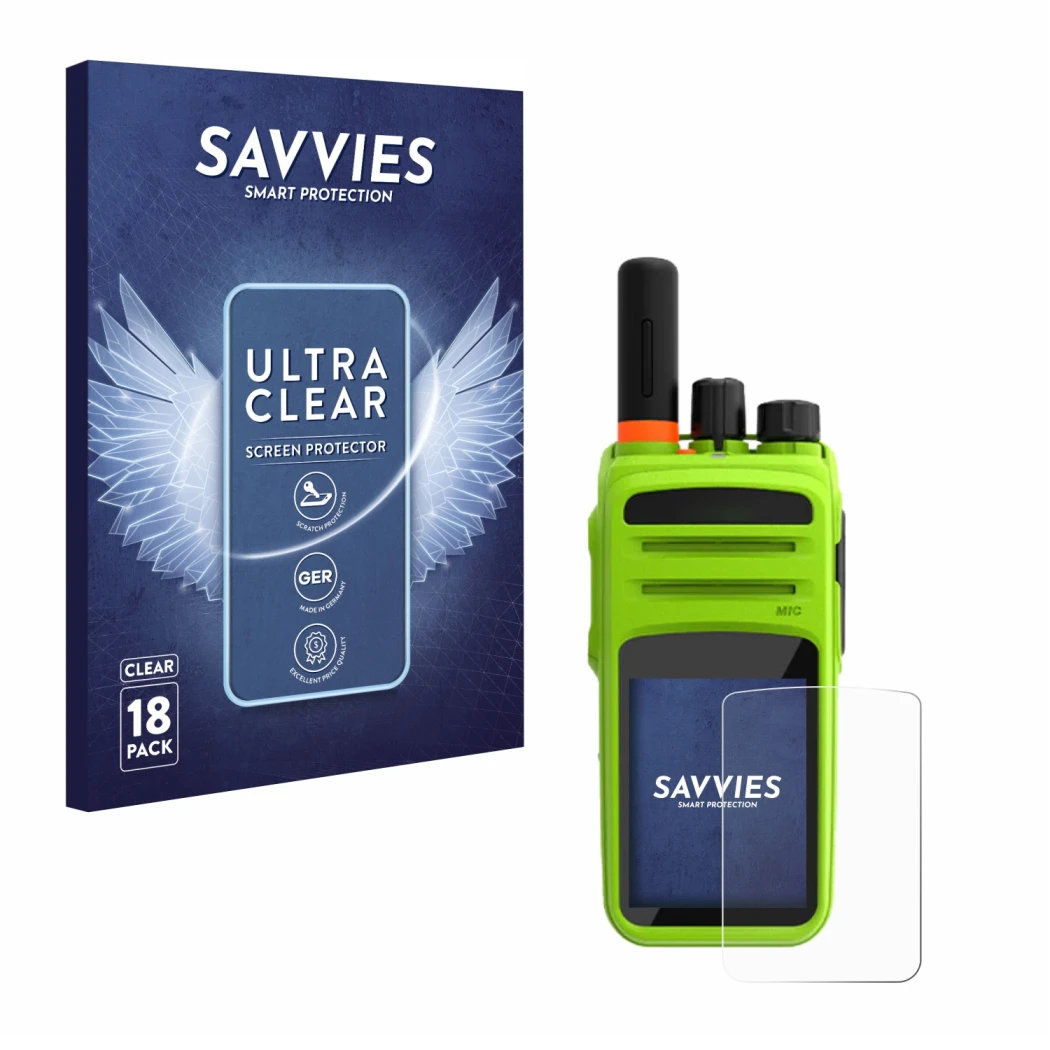 Front side of a product packaging with the brand logo Savvies. Next to it is the device Talkpod N58 Plus shown with the corres