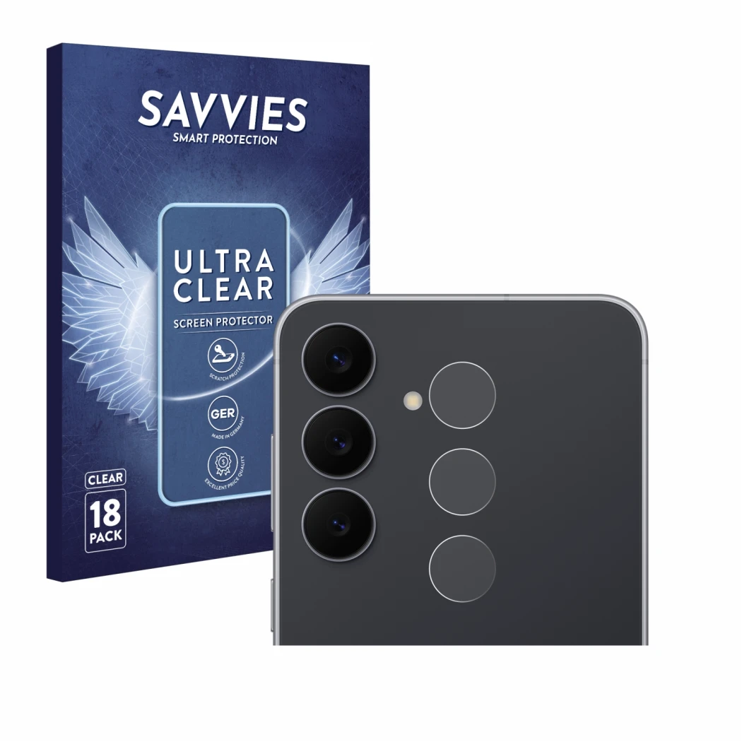 Front side of a product packaging with the brand logo Savvies. Next to it is the device Samsung Galaxy S25 FE (ONLY Camera Len