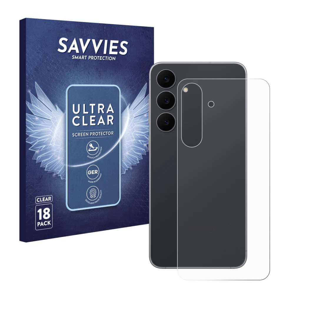 Front side of a product packaging with the brand logo Savvies. Next to it is the device Samsung Galaxy S25 FE (Back) shown wit