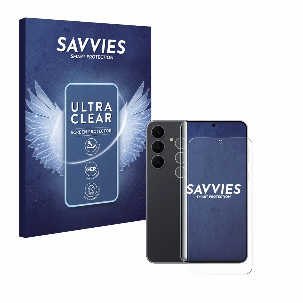 Front side of a product packaging with the brand logo Savvies. Next to it is the device Samsung Galaxy S25 FE (Front+Camera) s