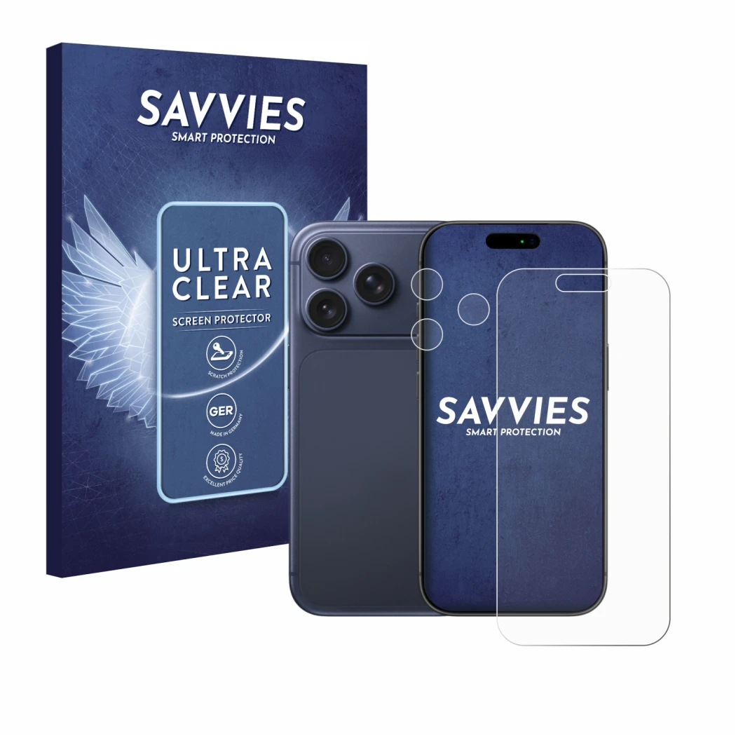 Front side of a product packaging with the brand logo Savvies. Next to it is the device Apple iPhone 17 Pro (Front+Camera) sho