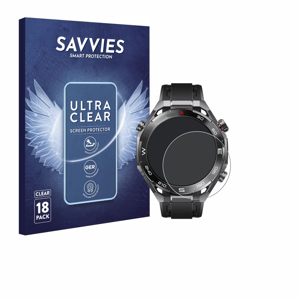 Front side of a product packaging with the brand logo Savvies. Next to it is the device Huawei Watch Ultimate 2 Black shown wi