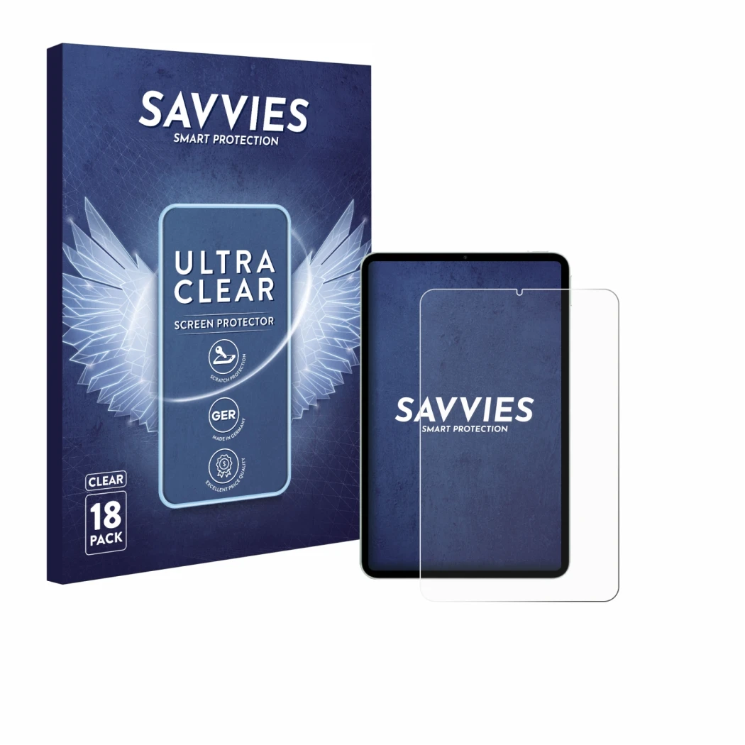 Front side of a product packaging with the brand logo Savvies. Next to it is the device Xiaomi Pad Mini shown with the corresp