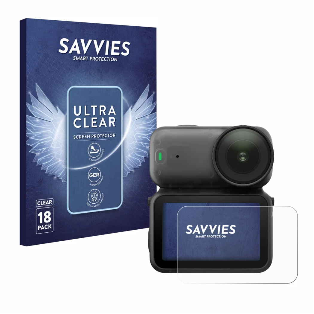 Front side of a product packaging with the brand logo Savvies. Next to it is the device DJI Osmo Nano shown with the correspon