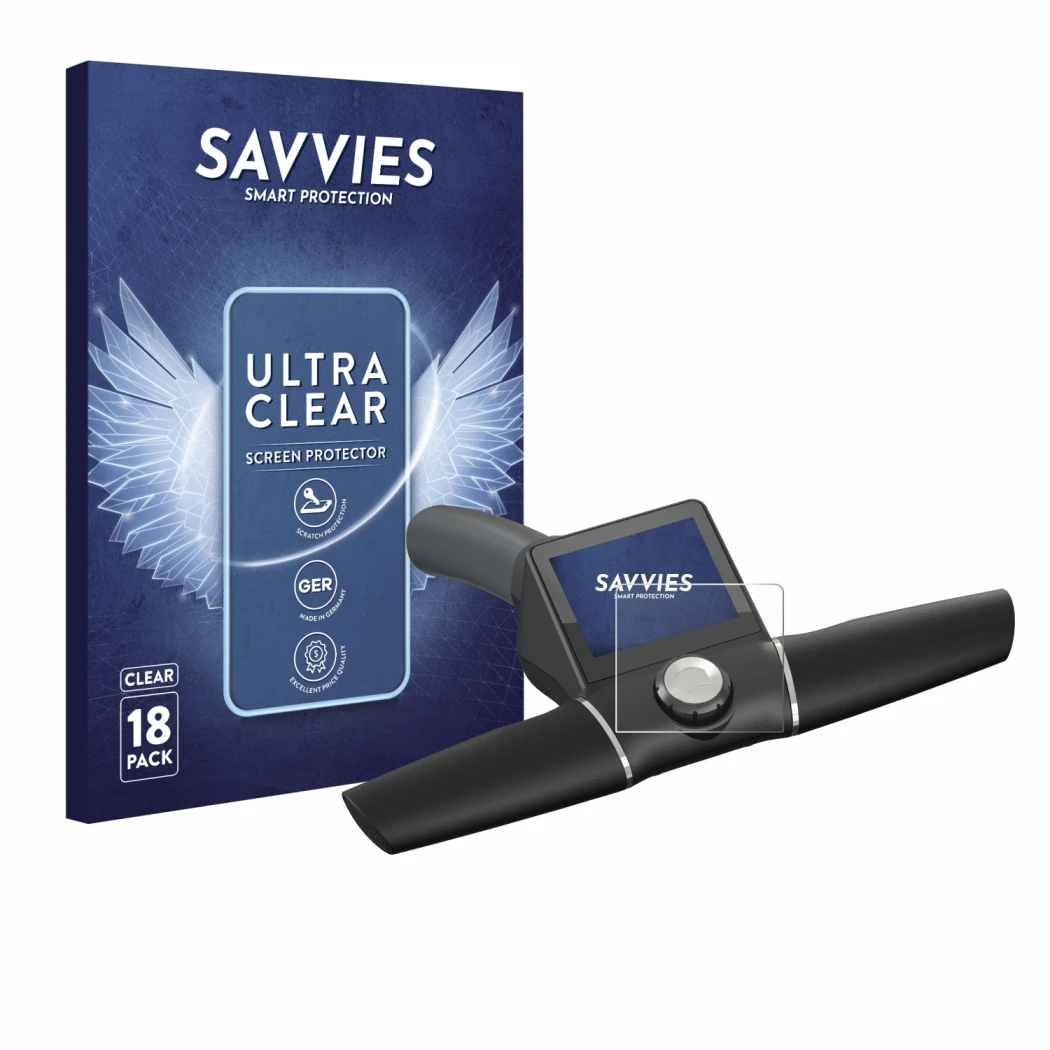 Front side of a product packaging with the brand logo Savvies. Next to it is the device Motocaddy M7 GPS Remote shown with the